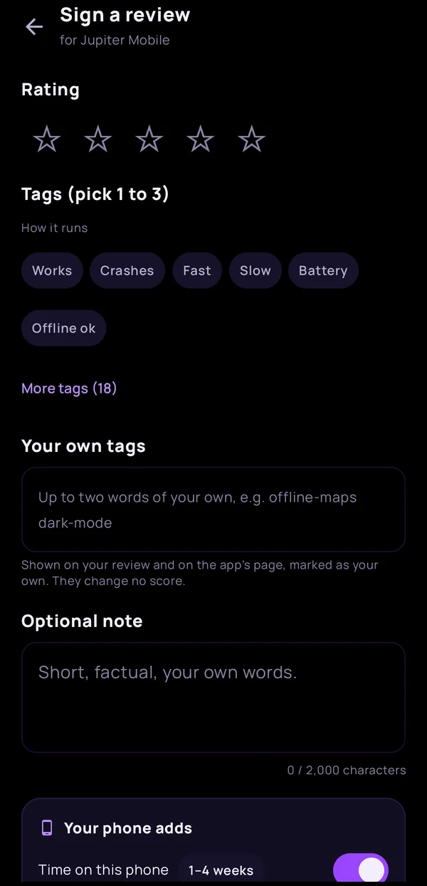 The Undersigned review composer: star rating, tags and a note